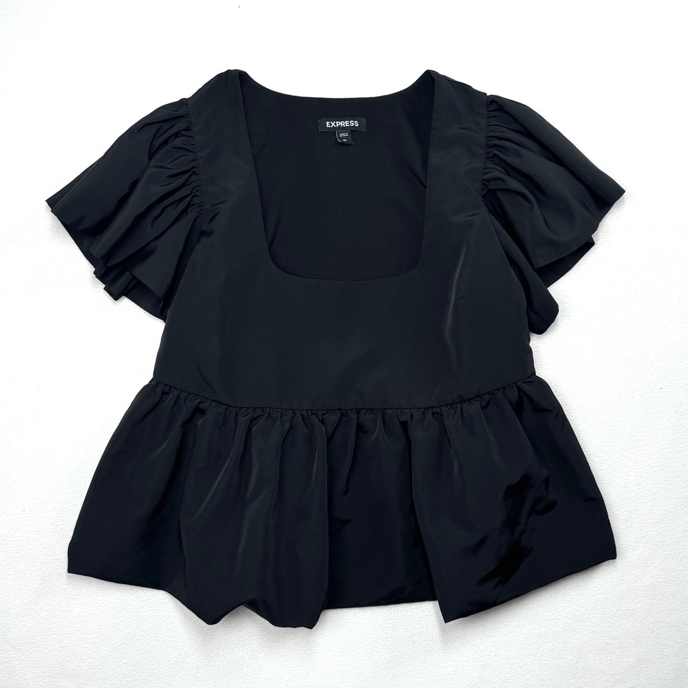 Express Black Square Neck Ruffle Sleeve Peplum Babydoll Top Women's XS Blouse - Picture 2 of 5